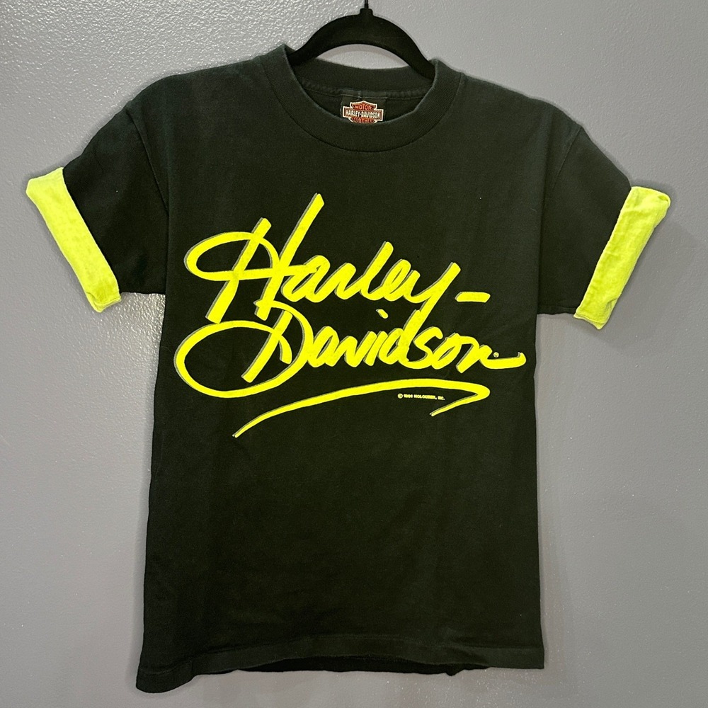 Vintage 1991 Harley Davidson Neon Yellow Script Single Stitch Tee USA Made S